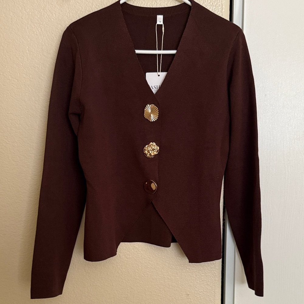 Women's V-Neck Brown Cardigan with Decorative Buttons